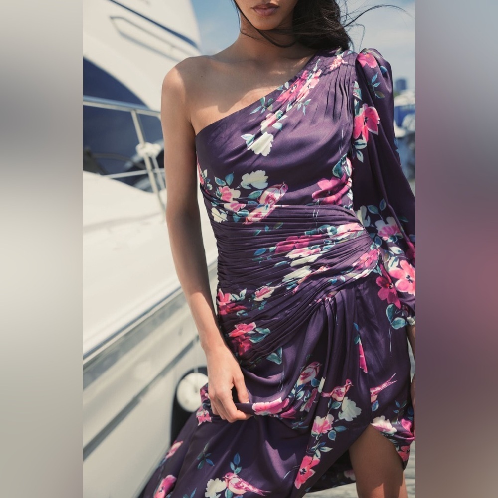 Mac Duggal Ieena Purple One Shoulder Long Sleeve Floral Pink Wedding Guest Dress - Picture 7 of 16